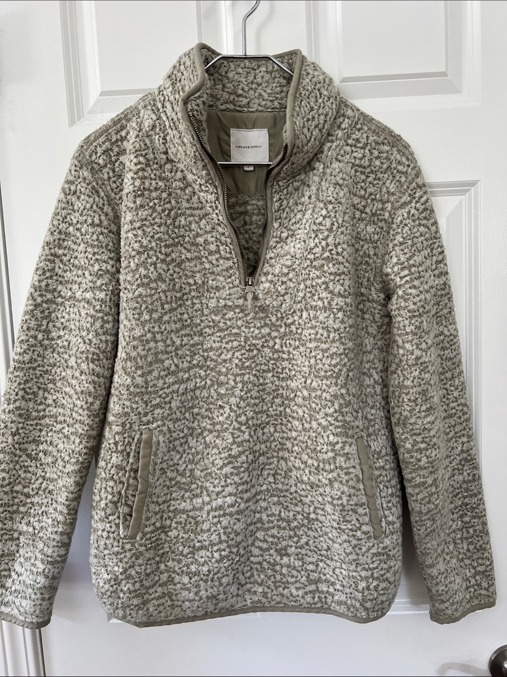 Thread & Supply Plush Sherpa Half-Zip Pullover - Sage/Oatmeal Beige - Size Small